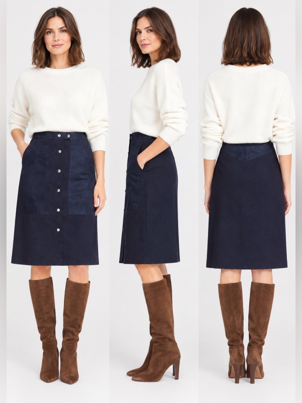Theory - women’s Slyn Fixture Navy jersey Midi skirt suede combo patch pocket 10